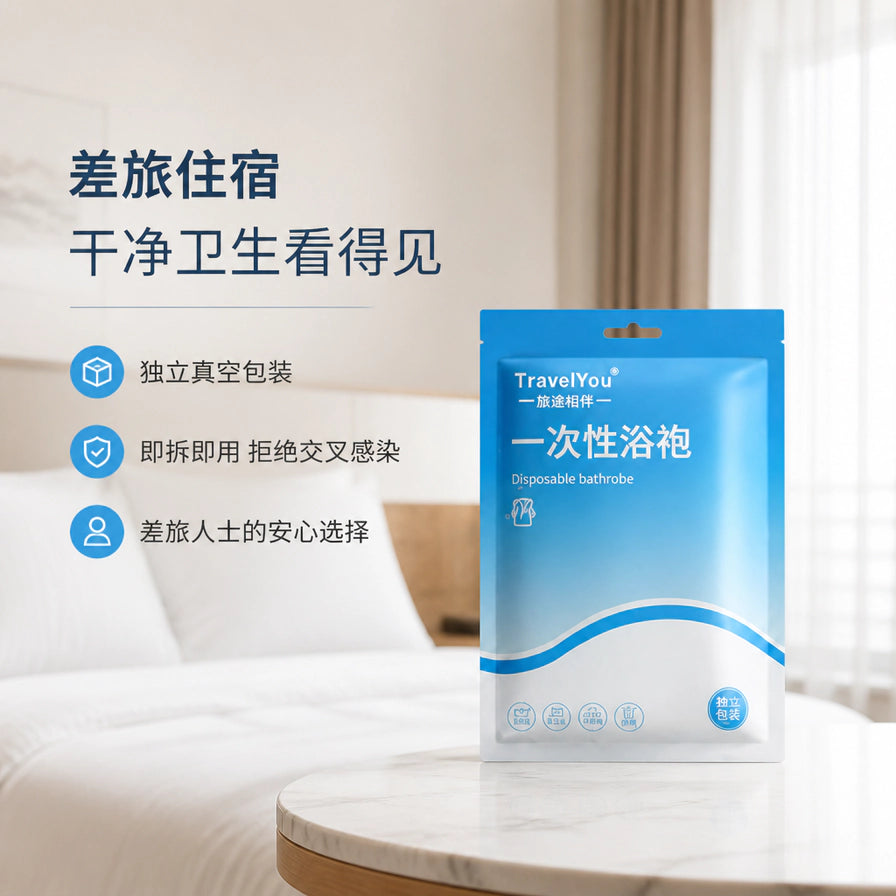 酒店客房背景中，桌面上摆放着 TravelYou 一次性浴袍的蓝色独立真空包装袋，左侧配有干净卫生的卖点文字。