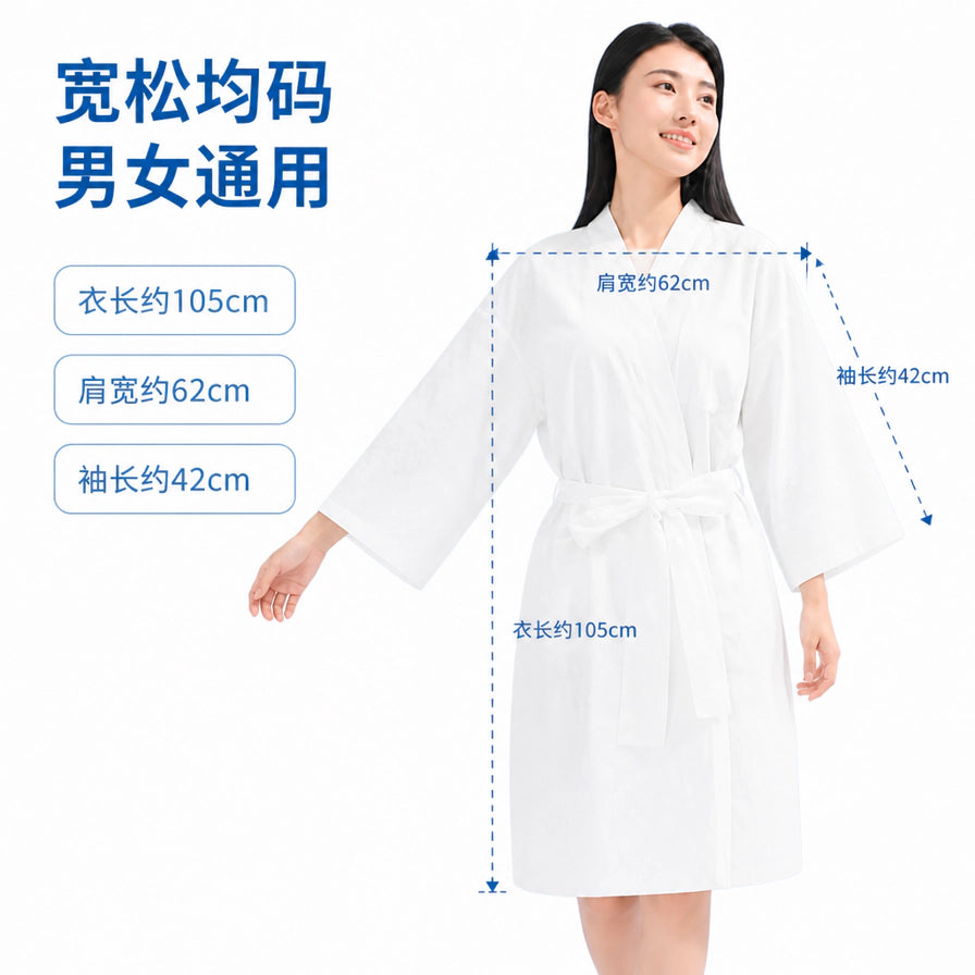 女性模特穿着白色一次性浴袍的展示图，图上标注了衣长105cm、肩宽62cm、袖长42cm的尺寸信息。