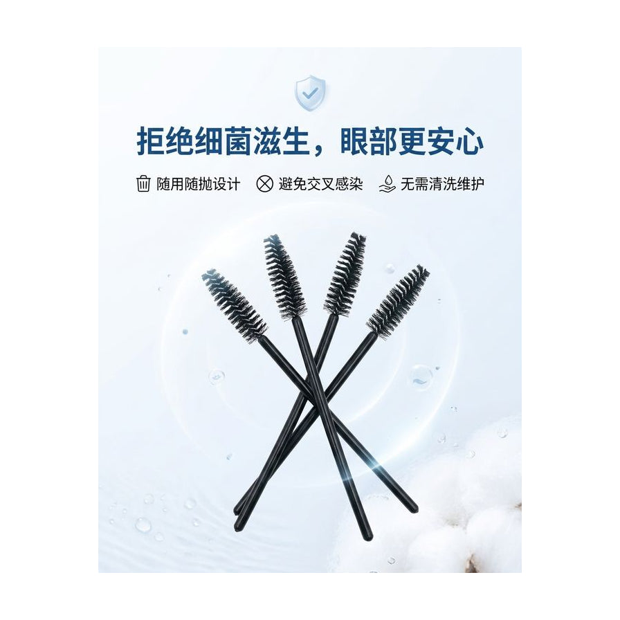 卫生卖点宣传图，展示交叉摆放的睫毛刷，配有拒绝细菌滋生及随用随抛等中文说明文字。