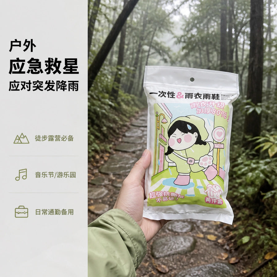 手持一次性雨衣雨鞋套装包装，背景为阴雨天的森林徒步小径，左侧配有户外应急救星、徒步露营必备等中文说明文字。