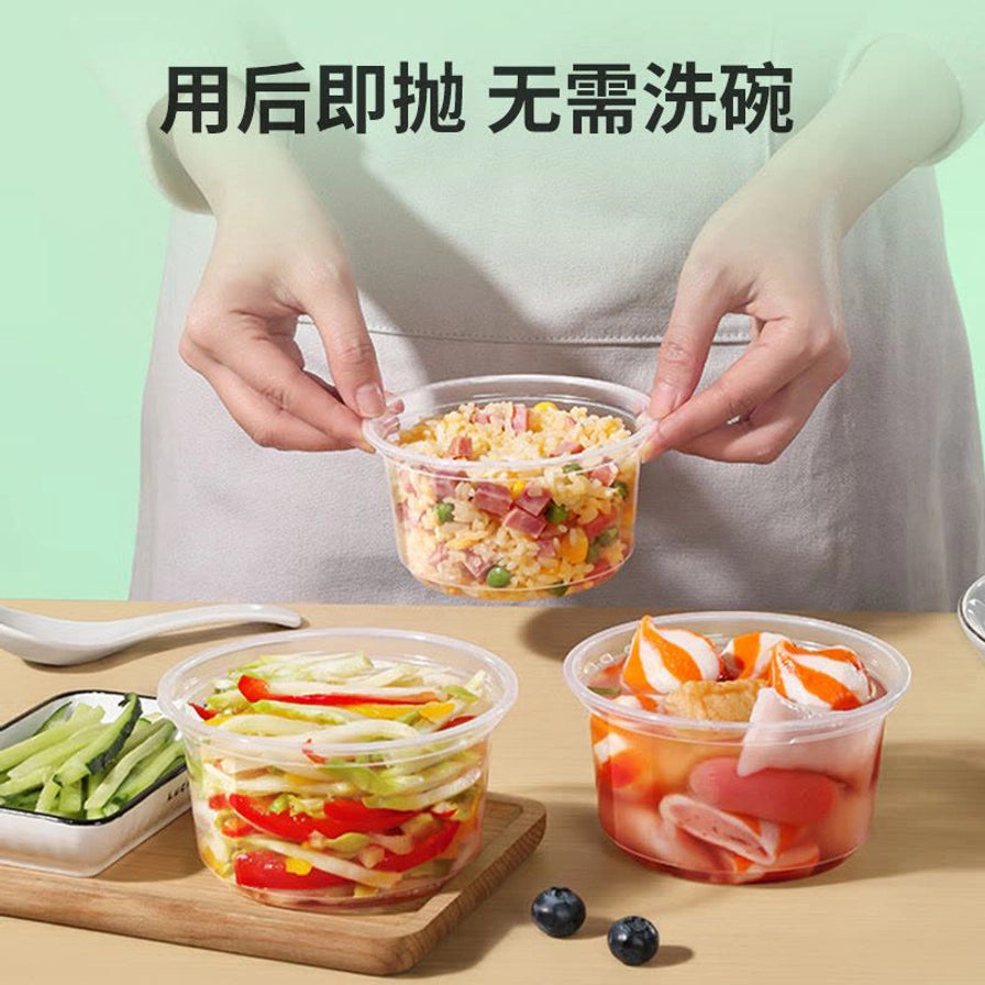 展示透明餐盒盛放炒饭、凉拌菜和火锅丸子的场景，上方配有文字“用后即抛 无需洗碗”。
