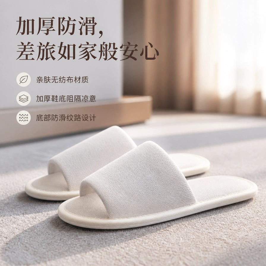白色一次性拖鞋放置在室内地毯上，配有中文卖点说明：亲肤无纺布材质、加厚鞋底阻隔凉意、底部防滑纹路设计。