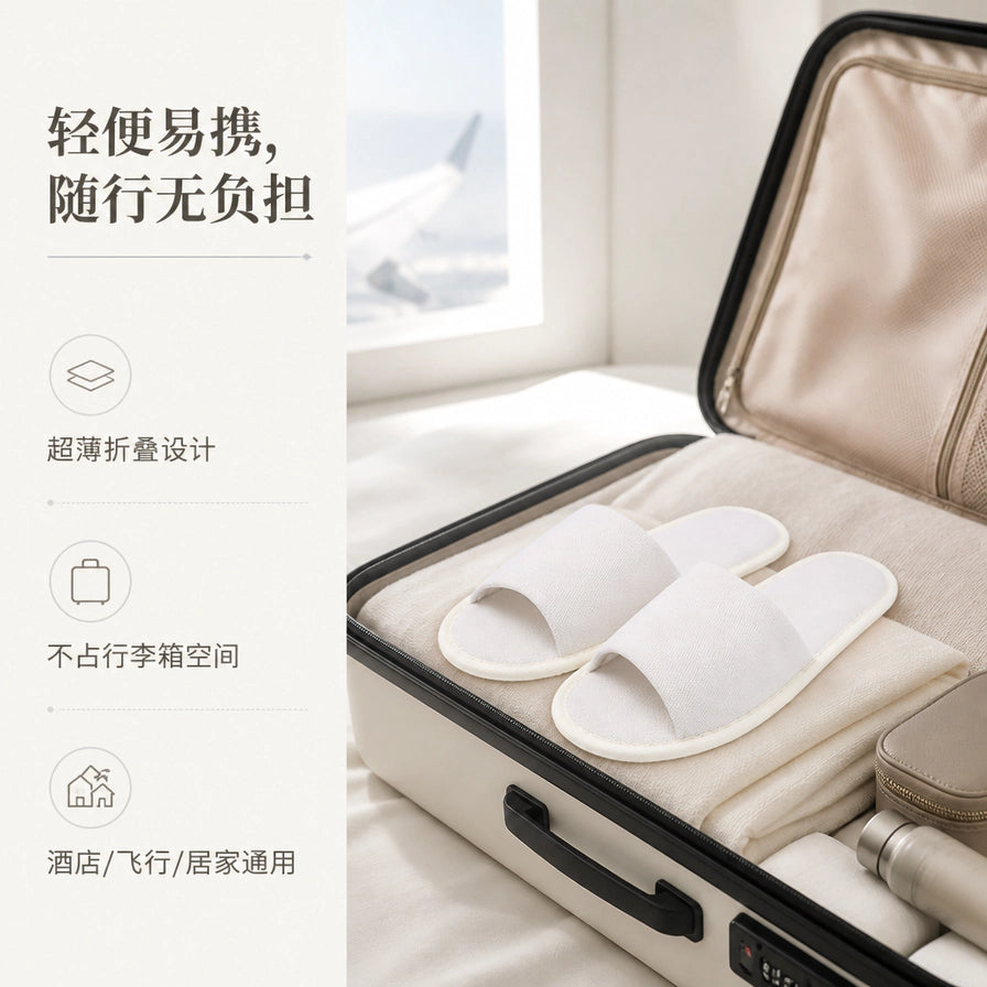 白色一次性拖鞋整齐收纳在旅行行李箱内，配有中文说明：轻便易携、超薄折叠设计、不占行李箱空间。