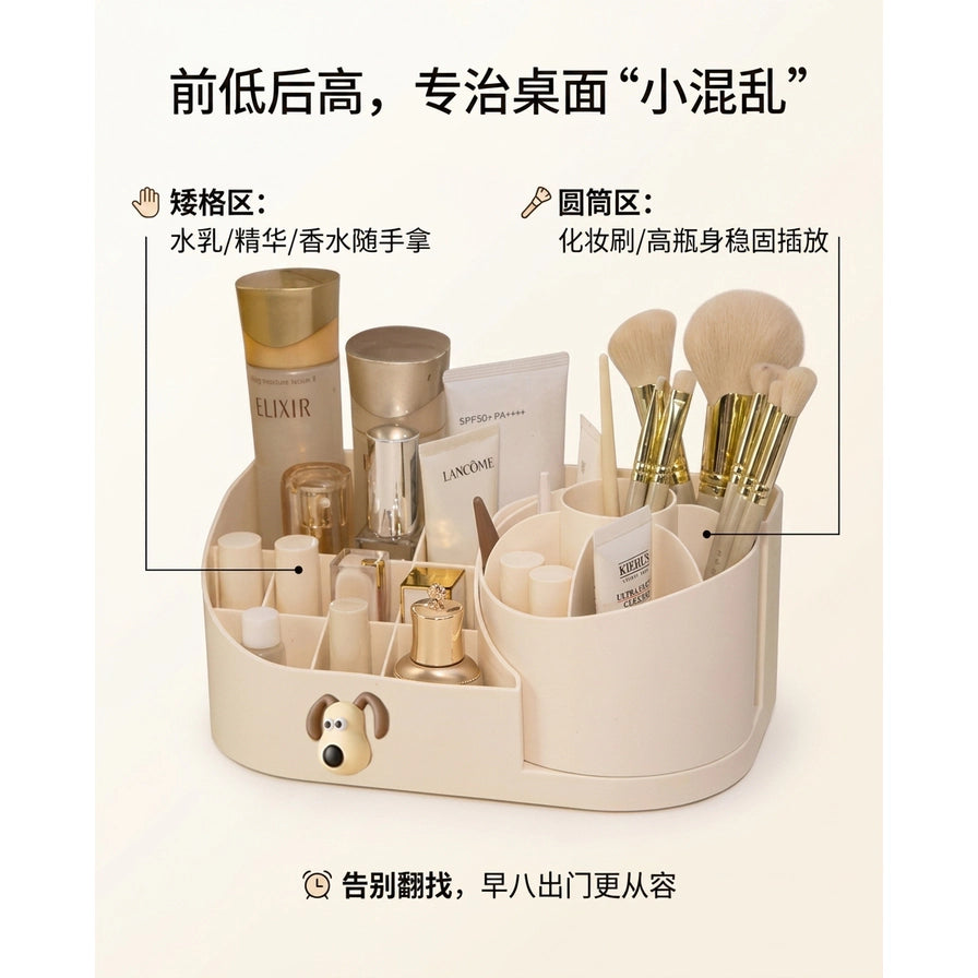 收纳盒功能示意图，配有中文说明文字。展示前部矮格区适合放水乳香水，后部圆筒区稳固插放化妆刷和高瓶身物品。