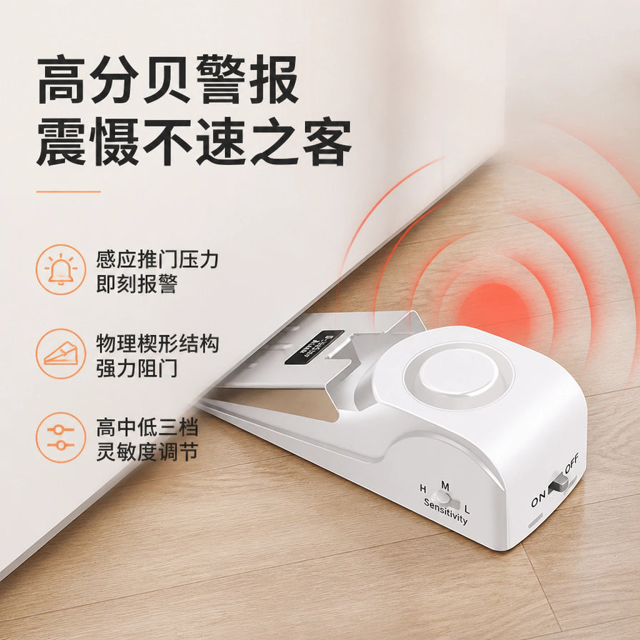 门阻报警器放置在门缝下的使用场景图，配有高分贝警报、物理楔形结构、灵敏度调节等中文卖点说明。