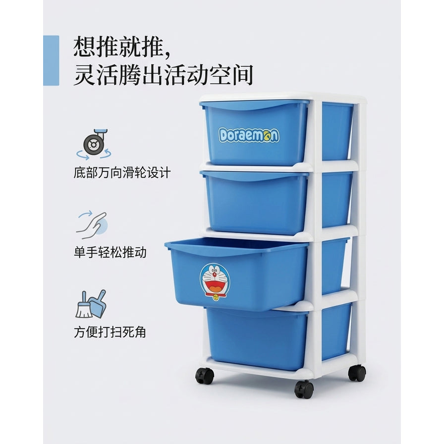 哆啦 A 梦收纳架卖点展示图，左侧文字说明滑轮设计与单手推动功能，右侧为产品实物图。
