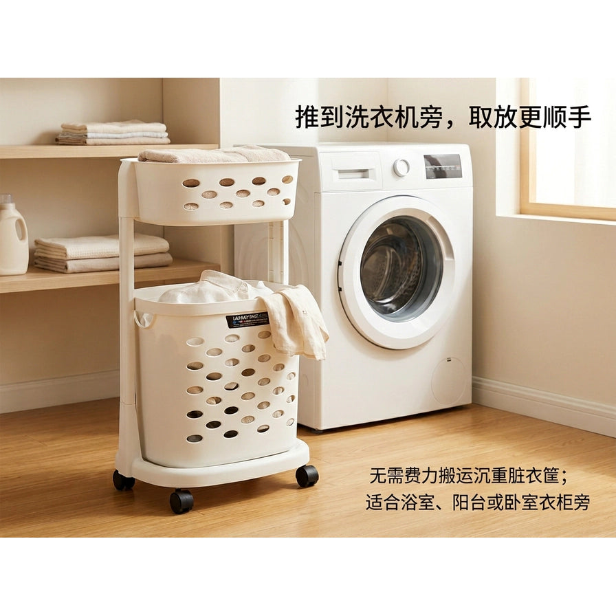 双层脏衣篮放置在洗衣机旁的使用场景图，画面包含中文说明文字“推到洗衣机旁，取放更顺手”。