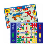 双面地毯桌游展示图，上方为世界地图飞行棋棋盘，下方为彩色大富翁棋盘，整体为超大尺寸方形铺设效果。
