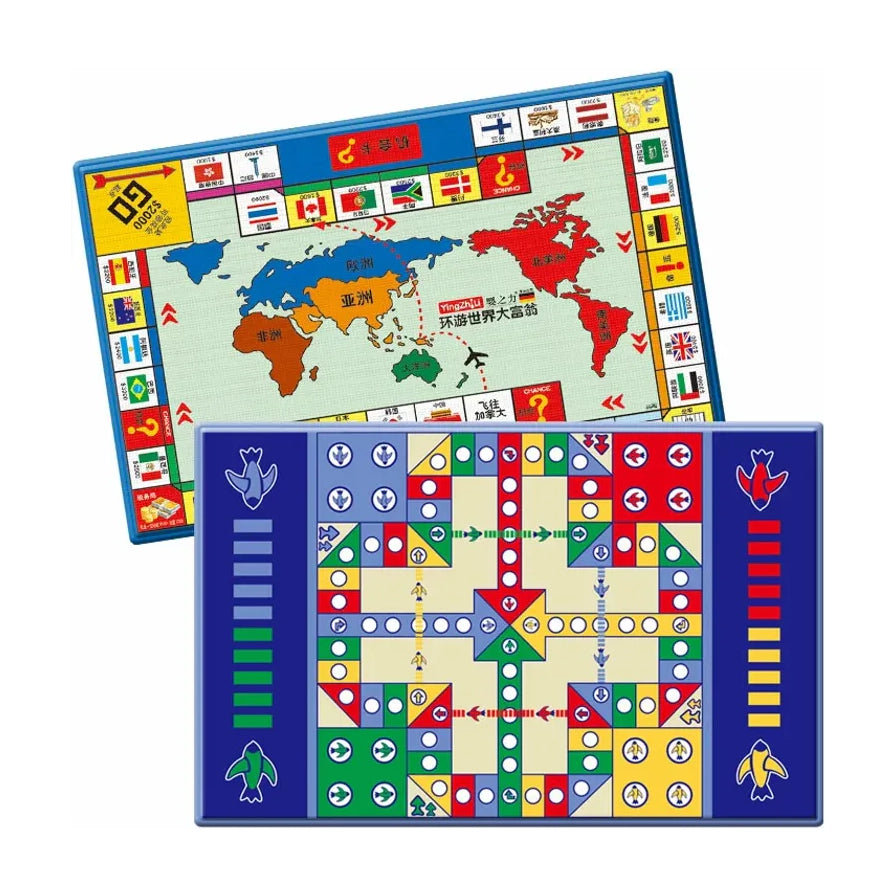 双面地毯桌游展示图，上方为世界地图飞行棋棋盘，下方为彩色大富翁棋盘，整体为超大尺寸方形铺设效果。