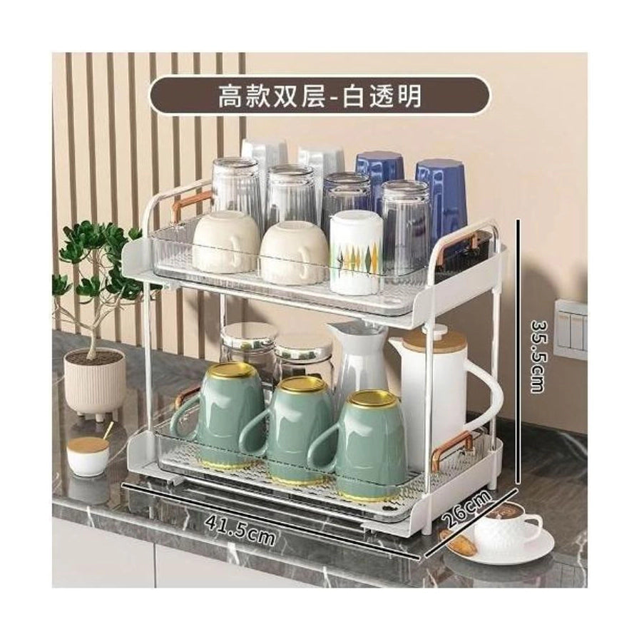 厨房台面上的双层沥水架侧面视角，图片标注了长宽高尺寸及“高款双层”字样。