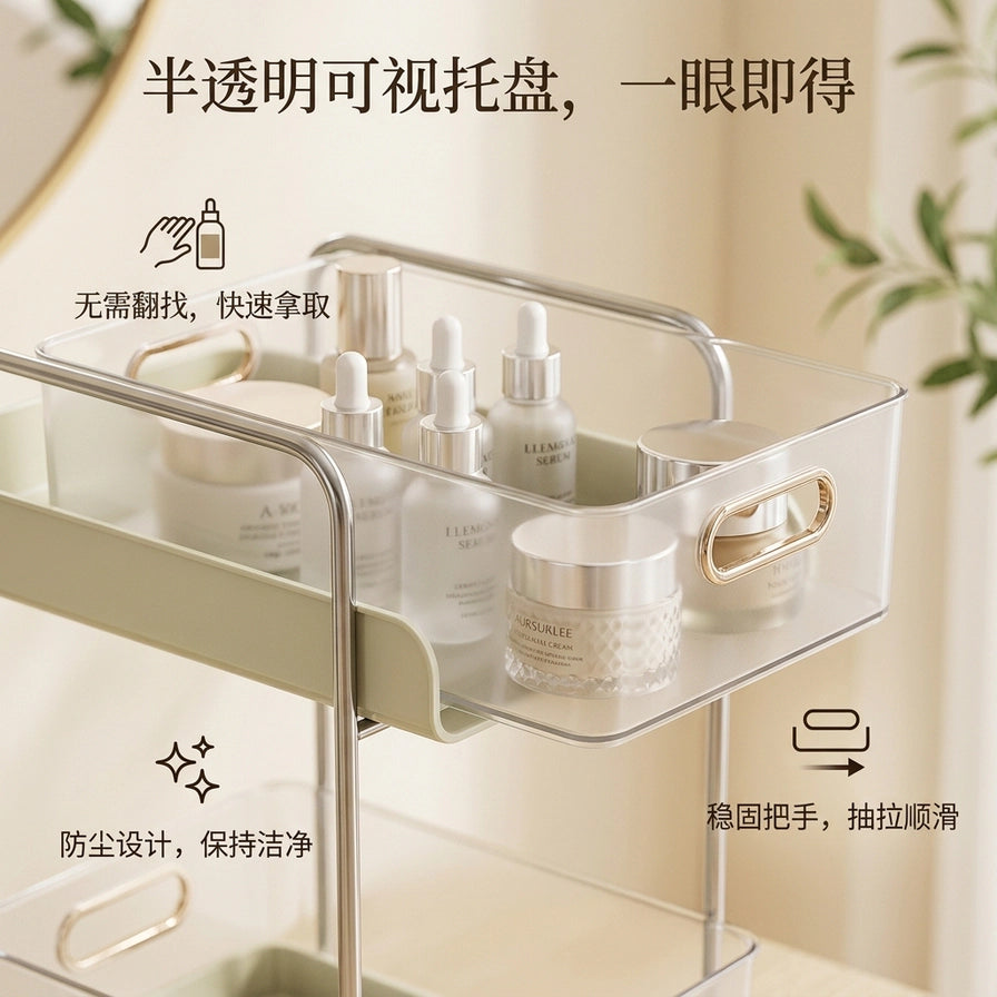 收纳架细节图，展示半透明托盘内放置护肤品，配有中文卖点文字说明可视与防尘设计。