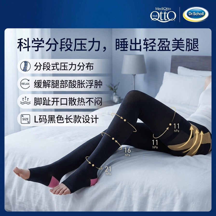 女性在床上穿着 Dr. Scholl 黑色睡眠压力袜，图中展示了从脚踝到大腿的分段压力分布示意图及产品卖点文字。