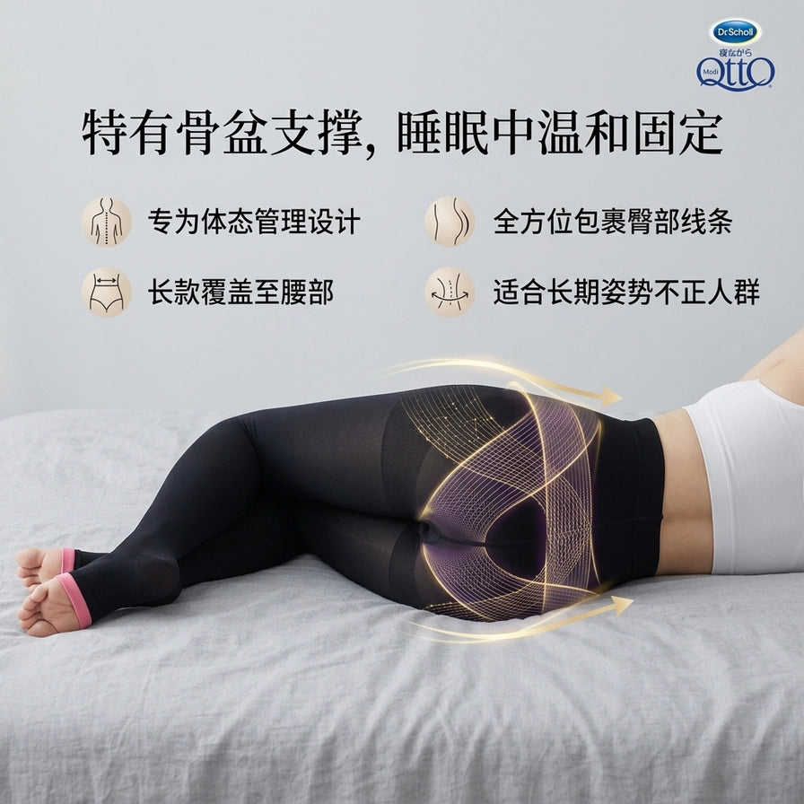 侧卧展示 Dr. Scholl 骨盆矫正压力袜的臀部包裹效果，带有骨盆支撑结构示意图和体态管理功能说明文字。
