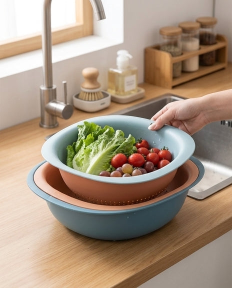 电商说明图展示沥水篮干湿分离功能，含中文卖点标注与使用场景示意。