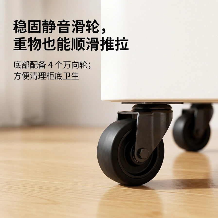 收纳柜底部黑色万向轮特写，配有中文说明文字强调稳固静音与顺滑推拉功能。