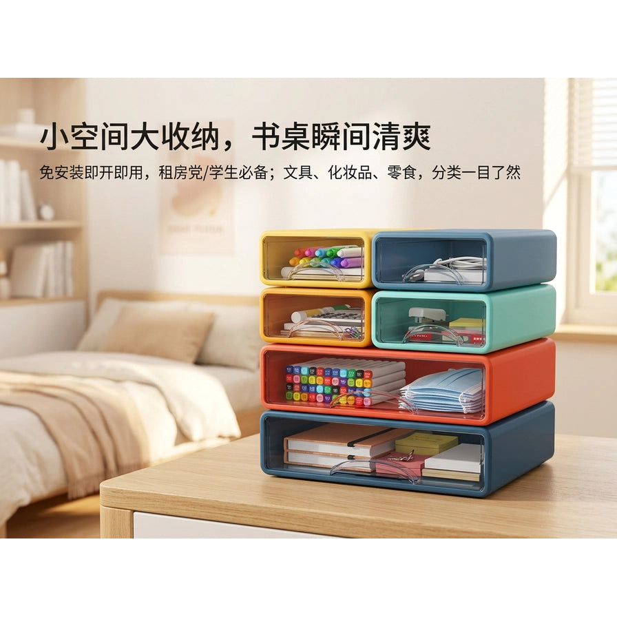 卧室书桌场景中的彩色抽屉收纳盒，上方叠加中文营销标题“小空间大收纳”及产品卖点说明文字。