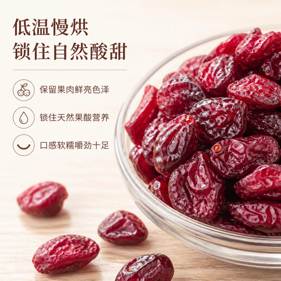 近距离特写玻璃碗中的蔓越莓干，质地软糯，配有中文卖点文字：低温慢烘、锁住自然酸甜、保留果肉鲜亮色泽、锁住天然果酸营养、口感软糯嚼劲十足。