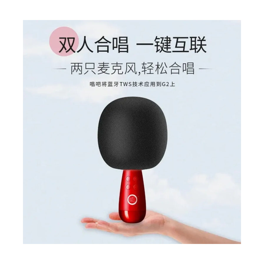 手托红色无线麦克风的海报，上方带有“双人合唱 一键互联”中文字样。