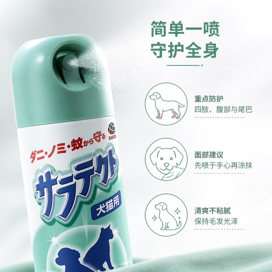 宠物驱虫喷雾海报图，左侧为喷雾罐，右侧有中文卖点说明和宠物线稿图标