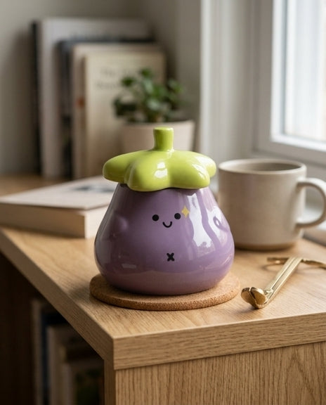 茄子香薰蜡烛电商场景展示图，含中文卖点说明与尺寸标注