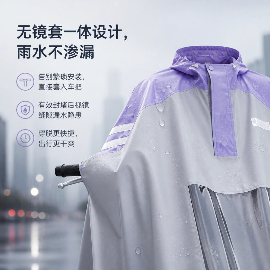 雨衣细节展示，强调无镜套一体设计，有效防止雨水从后视镜缝隙渗漏，背景为模糊的城市雨景。
