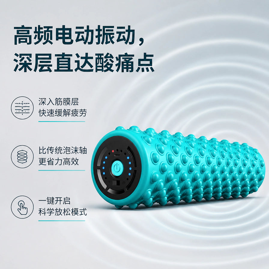 电动按摩轴卖点图，展示高频电动振动功能，配有深入筋膜层、省力高效、一键开启等中文说明文字。