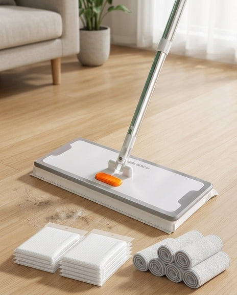 拖把在床底清洁灰尘的示意图，展示 360 度旋转头和超薄面板深入低矮缝隙