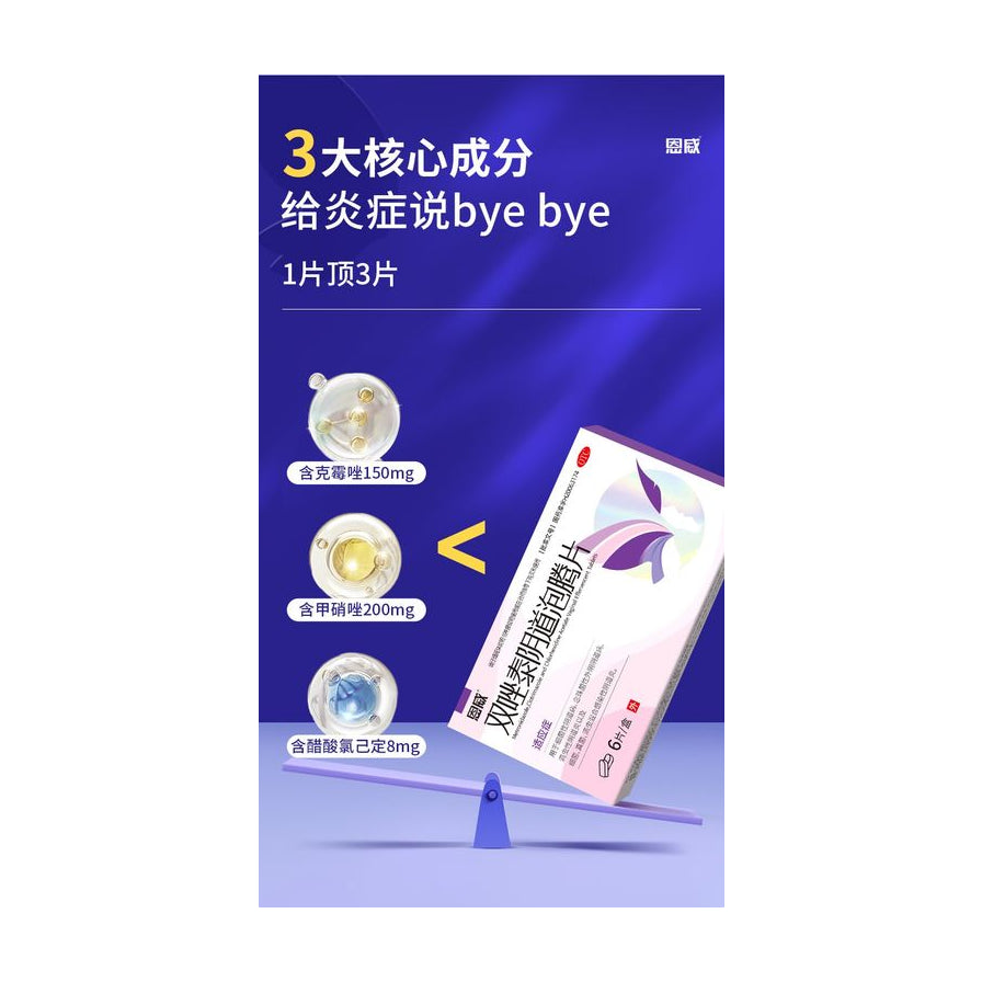 对比图展示恩威双唑泰阴道泡腾片的三大核心成分及其含量，强调一片顶三片的效果。