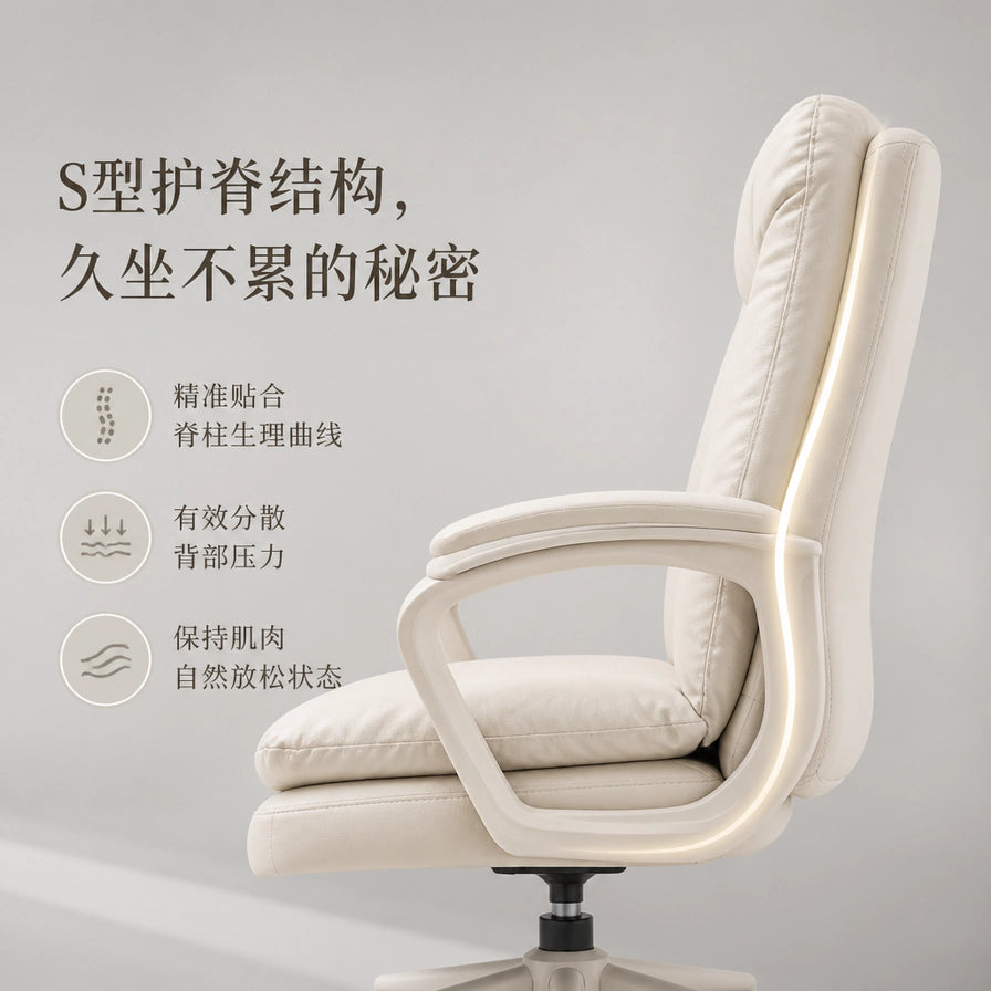 米白色办公椅侧面宣传图，左侧有中文卖点文字，画面突出S型靠背轮廓与扶手、坐垫结构