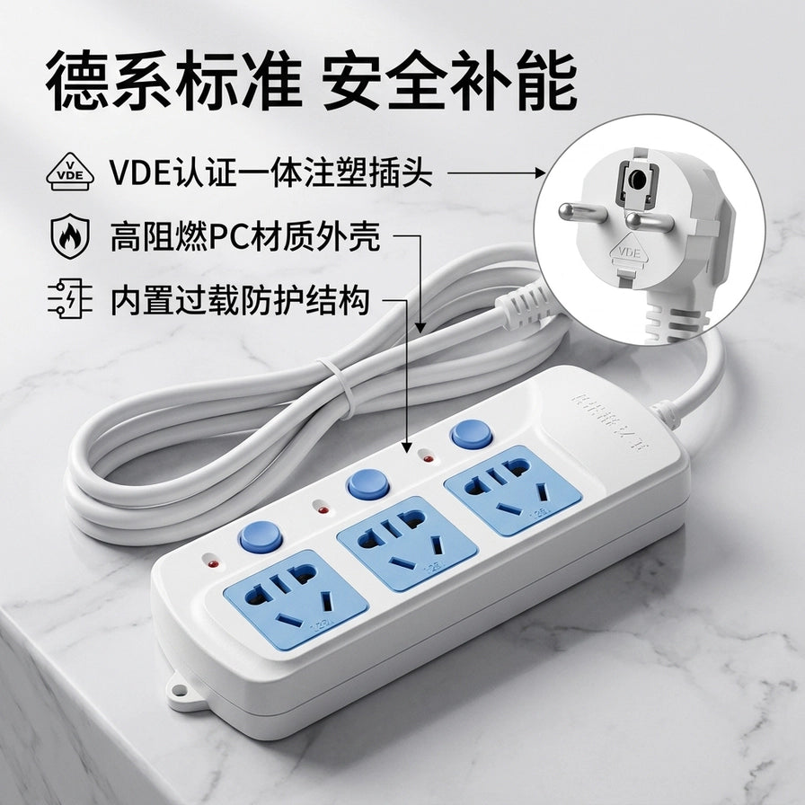 欧规排插卖点图，展示VDE认证插头、高阻燃PC外壳及内置过载防护结构。