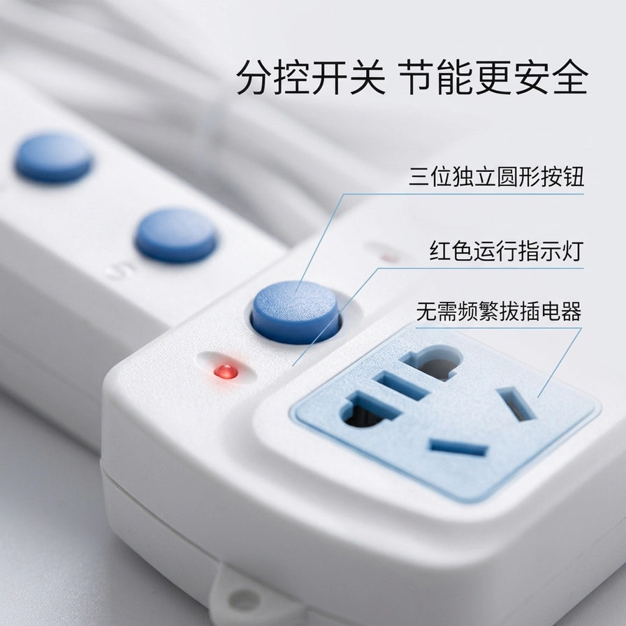 排插细节近照，展示蓝色独立圆形按钮开关、红色运行指示灯及多功能插孔。