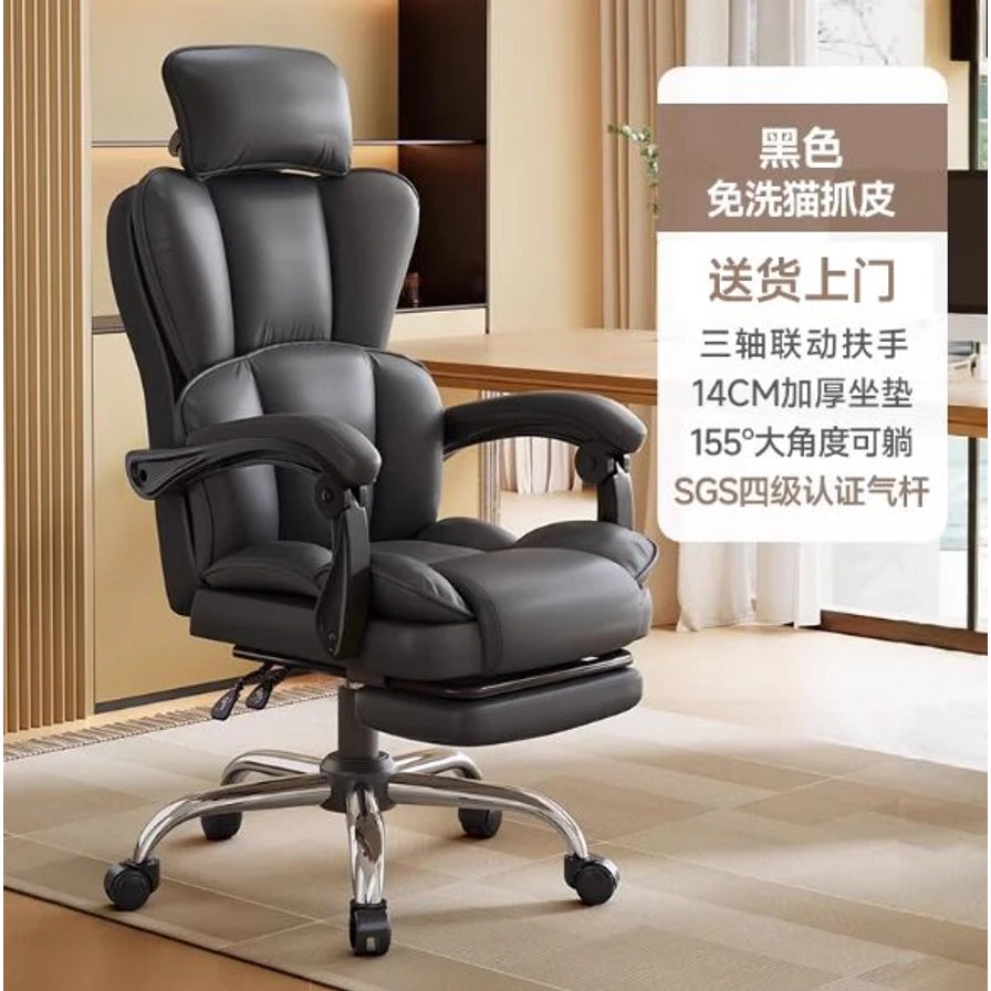 黑色高背办公椅置于室内场景，带金属五星脚，右侧展示卖点文字说明