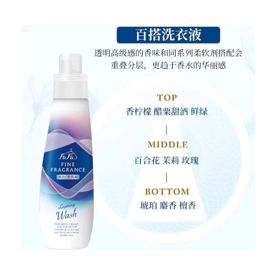 日本香水洗衣液香调介绍海报，展示前调香柠檬、中调百合茉莉、后调麝香檀香的层次结构。