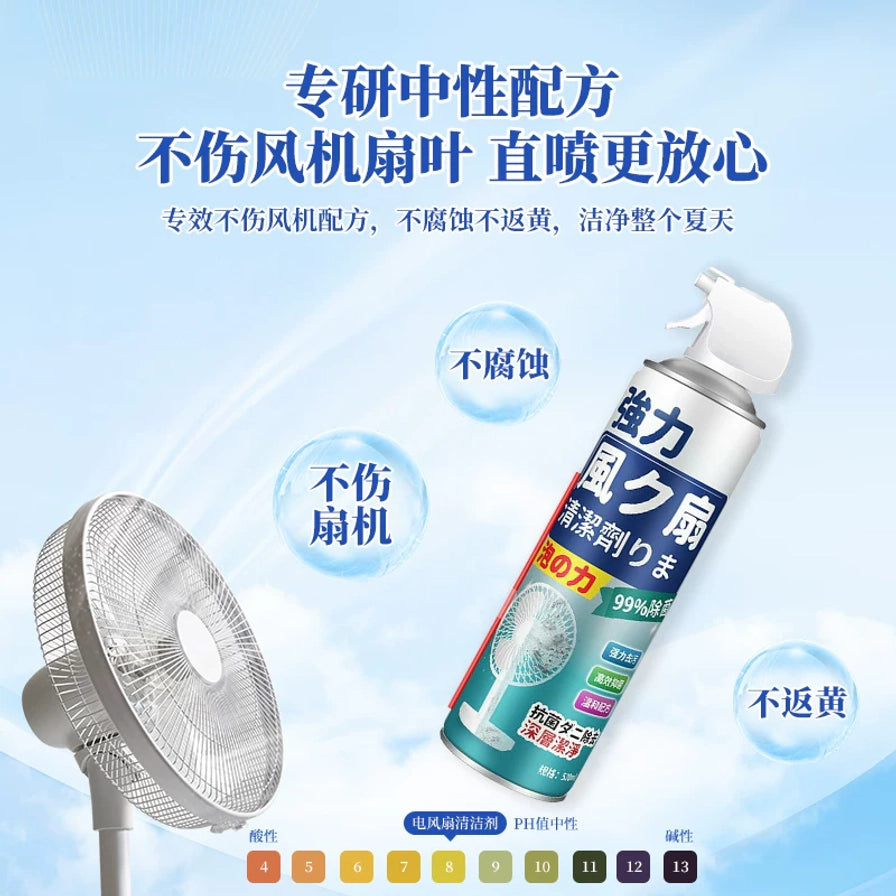 展示风扇清洁剂的中性配方海报，背景为蓝天白云，包含风扇、清洁剂瓶身及PH值色标。