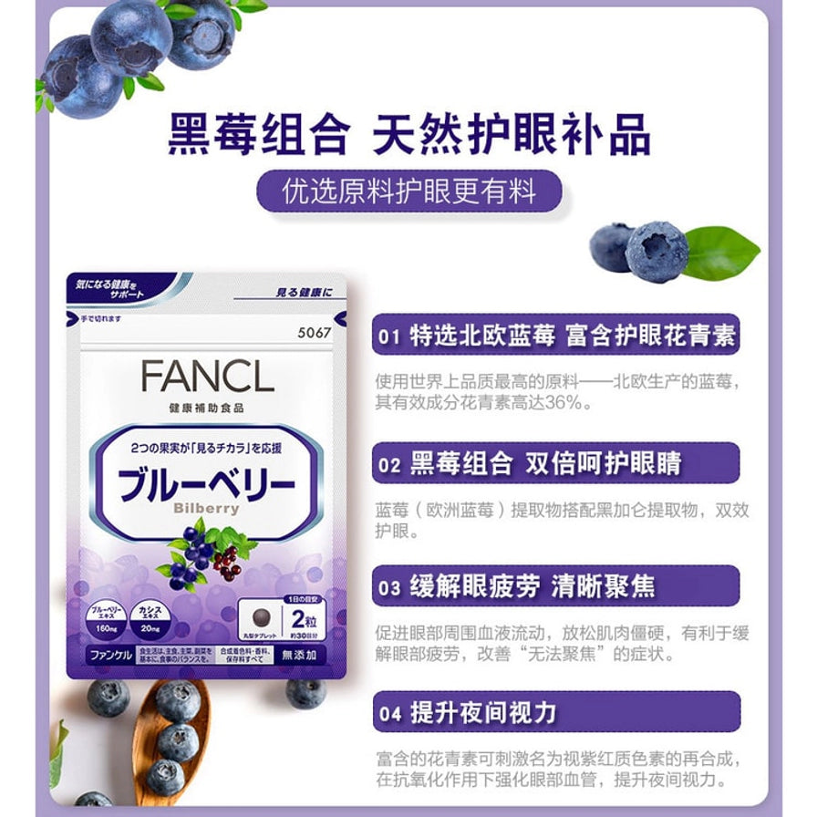 产品卖点海报，左侧为 FANCL 蓝莓包装，右侧列出护眼、缓解眼疲劳、提升夜间视力等中文说明。