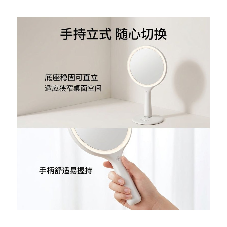 手持与立式两用功能演示图，上半部分展示镜子直立放置，下半部分展示手握镜柄细节。