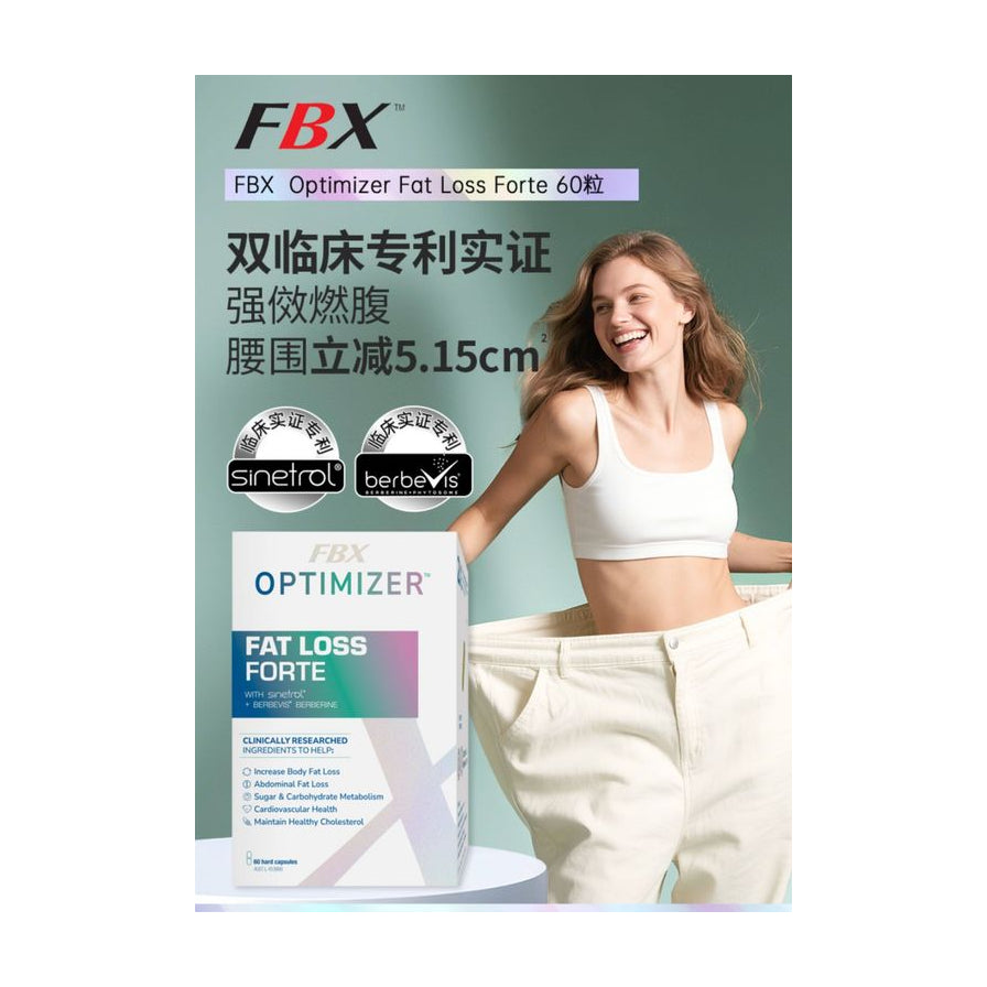 FBX Optimizer 减脂补充剂宣传海报，展示一名女性穿着宽松裤子展示腰围减小效果，配有临床专利实证文字说明。