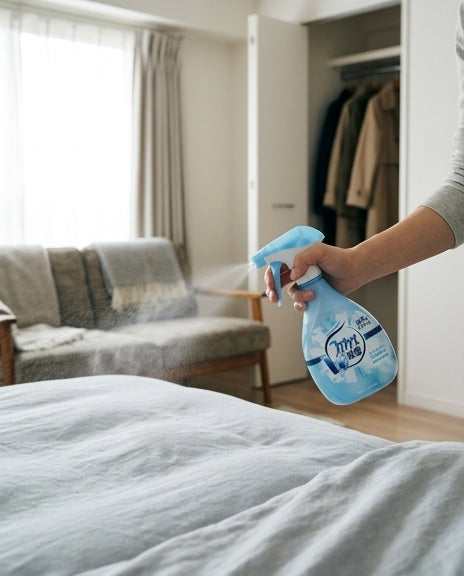 Febreze 喷雾使用场景示意图，展示在沙发和衣物上喷洒去味的画面