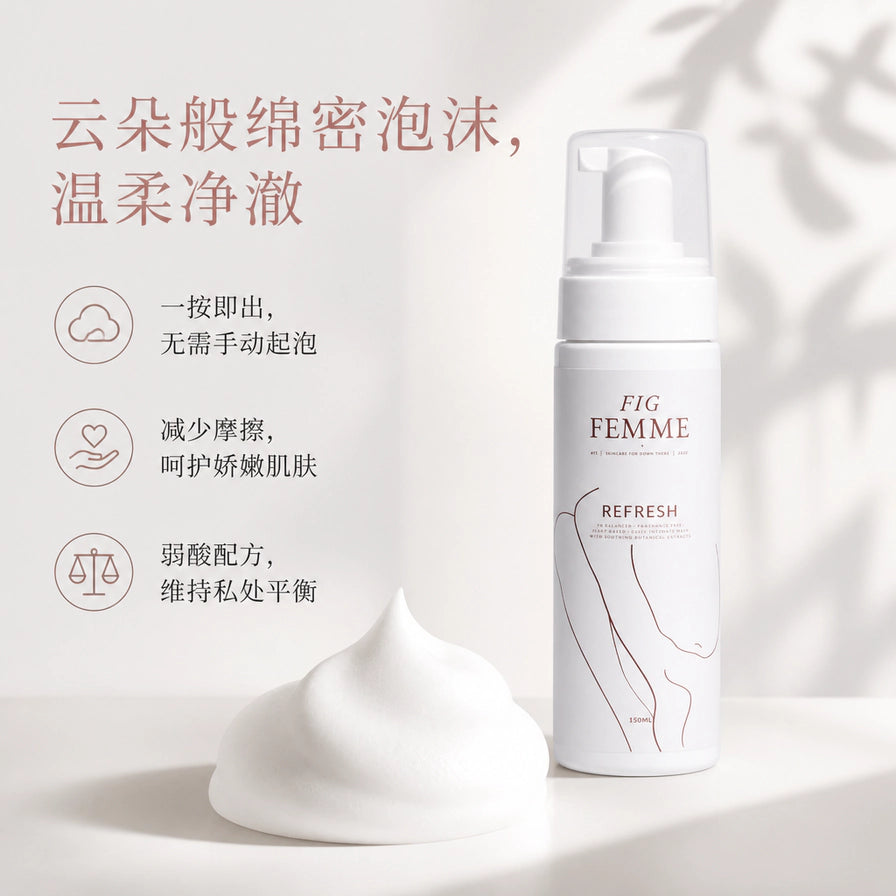 FIG FEMME 私处清洗泡沫宣传图，展示产品瓶身及一团绵密泡沫，配有中文卖点说明：云朵般绵密泡沫、温柔净澈、弱酸配方