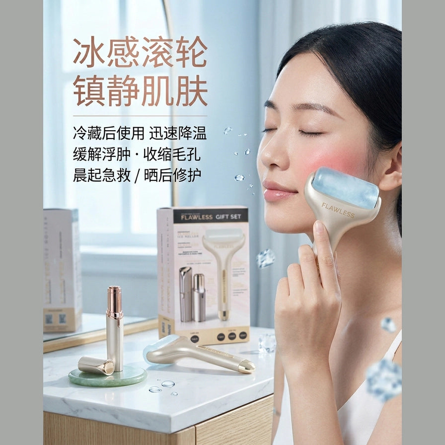 女性模特使用冰感滚轮进行面部护理的场景图，配有中文说明文字强调镇静肌肤和收缩毛孔功效。