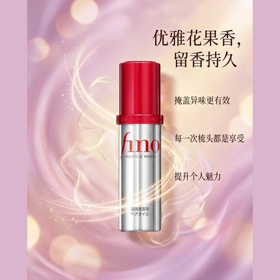 Fino 护发精油营销海报，粉色梦幻背景展示优雅花果香卖点与中文宣传文案。