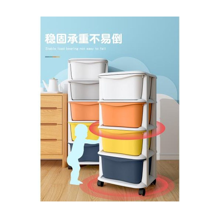 收纳架稳固性示意图，包含儿童推挤剪影和红色受力圈，配有“稳固承重不易倒”中文文字说明。