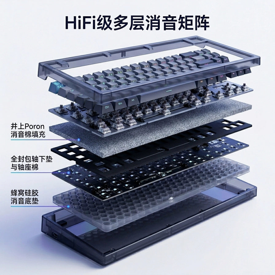 腹灵 MK870 Pro 机械键盘内部结构拆解图，展示井上 Poron 消音棉、轴下垫、轴座棉及蜂窝硅胶底垫的多层消音矩阵。