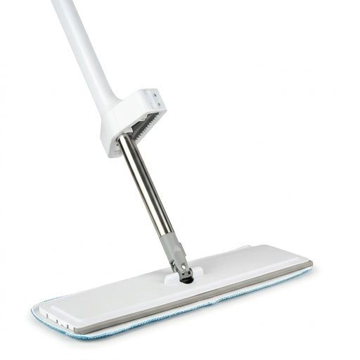 免手洗平板拖把电商说明图，展示 45cm 大板面、不锈钢伸缩杆及干湿两用清洁场景。