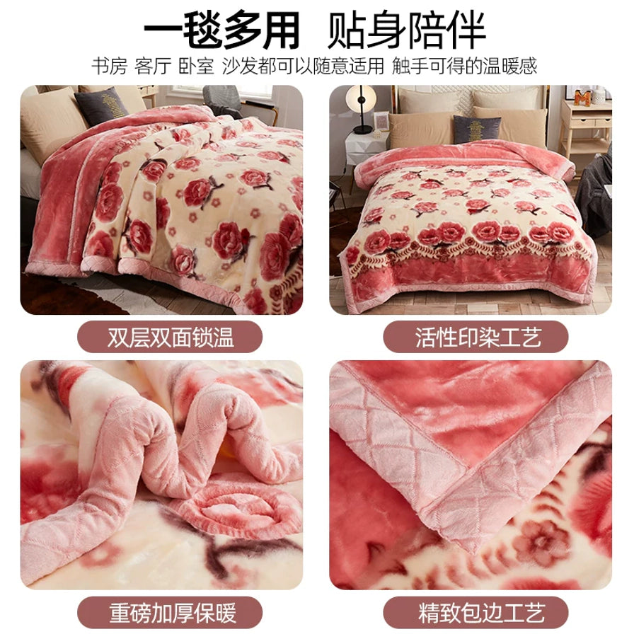 商品卖点图，包含四张细节图，展示双层锁温、活性印染、重磅加厚和精致包边工艺，带有中文说明文字。