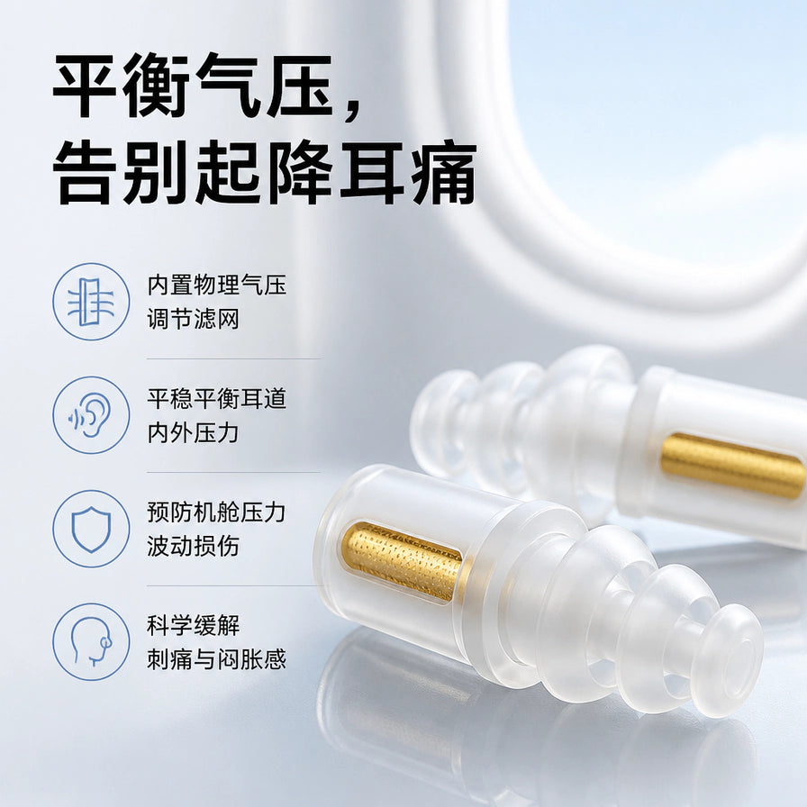两只透明硅胶飞行耳塞特写，展示内置的金色气压调节滤网，背景带有平衡气压、告别起降耳痛的中文卖点说明。