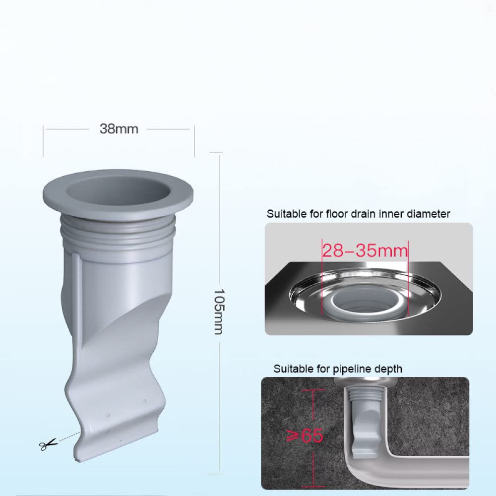 地漏防臭器尺寸示意图，标注总长 105mm、直径 38mm 及适用管道深度和口径参数。