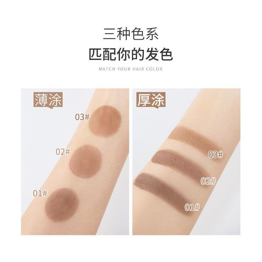 手臂试色图展示三种发际线粉颜色在薄涂和厚涂下的效果对比，配有中文标题“三种色系 匹配你的发色”及色号标注。