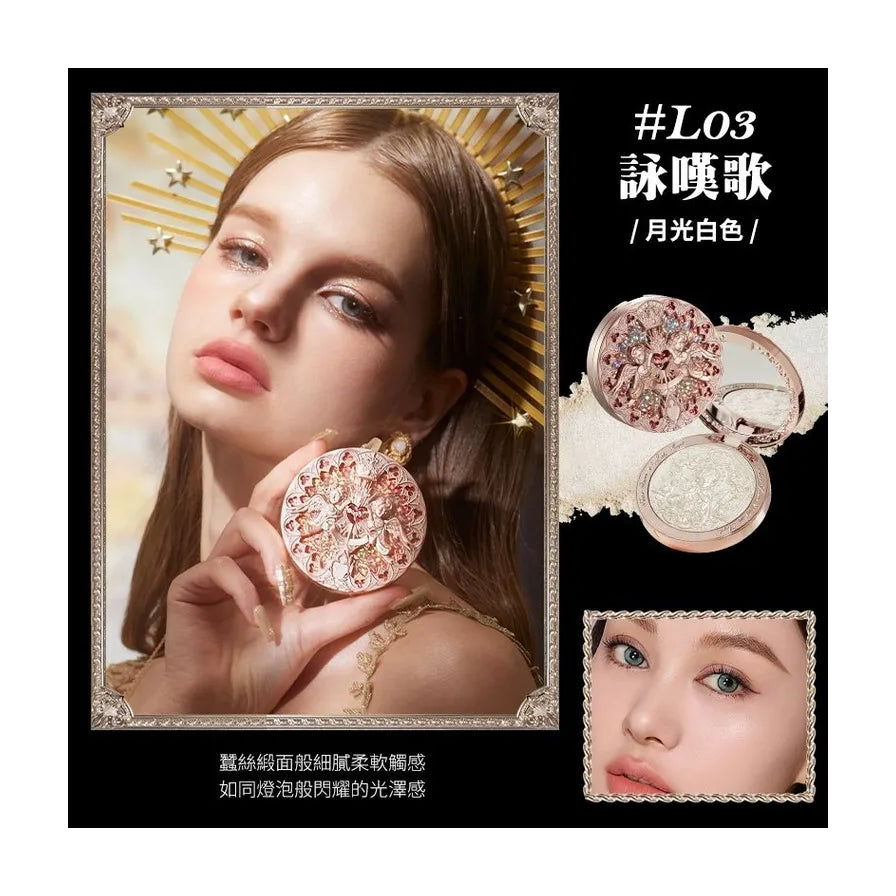 L03 色号宣传海报，包含模特手持产品图、质地特写及中文卖点说明。