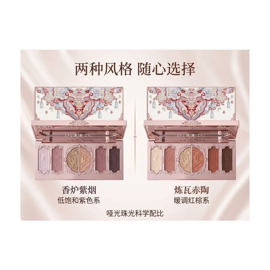 两款眼影盘色号对比图，配有中文说明文字介绍香炉紫烟与炼瓦赤陶风格差异。
